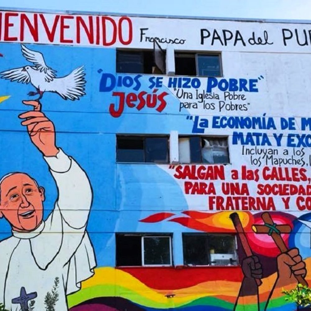 Mural del Papa Francisco, pintado en ocasión de su venida a Chile, Villa Francia, Estación Central. Fotografía tomada de: http://araucaria-de-chile.blogspot.cl/